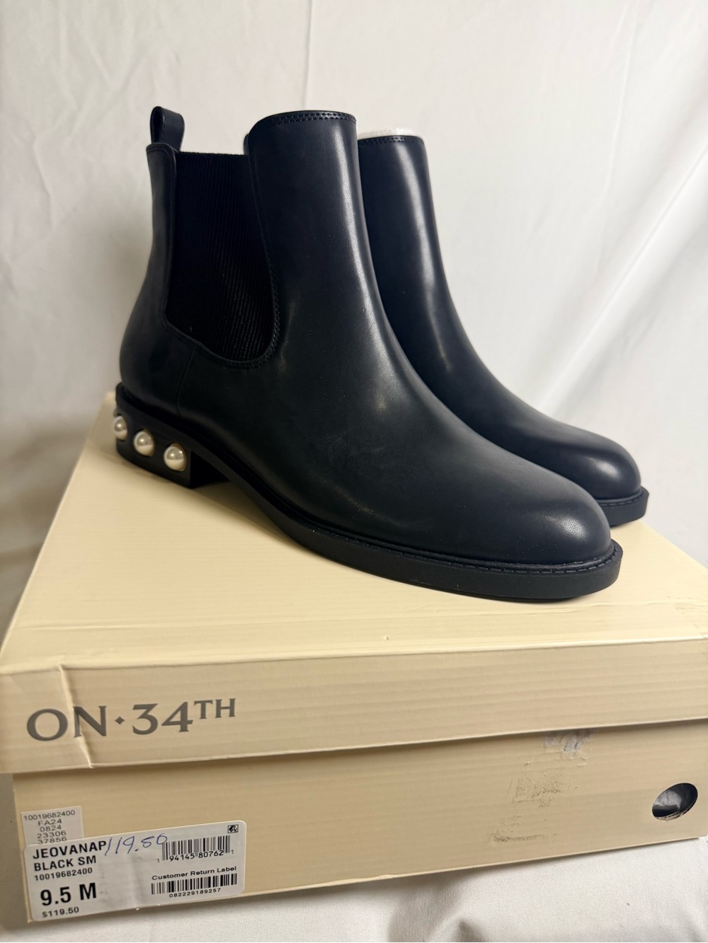 On 34th Black Leather Boots with Pearl Heel Accent - Picture 2 of 5
